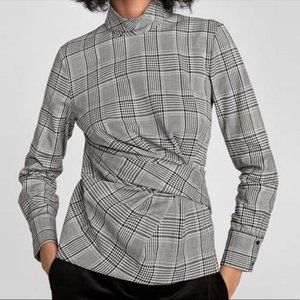 Zara Plaid Checked Wrap Waist Mock Neck Blouse Women's Medium Black White